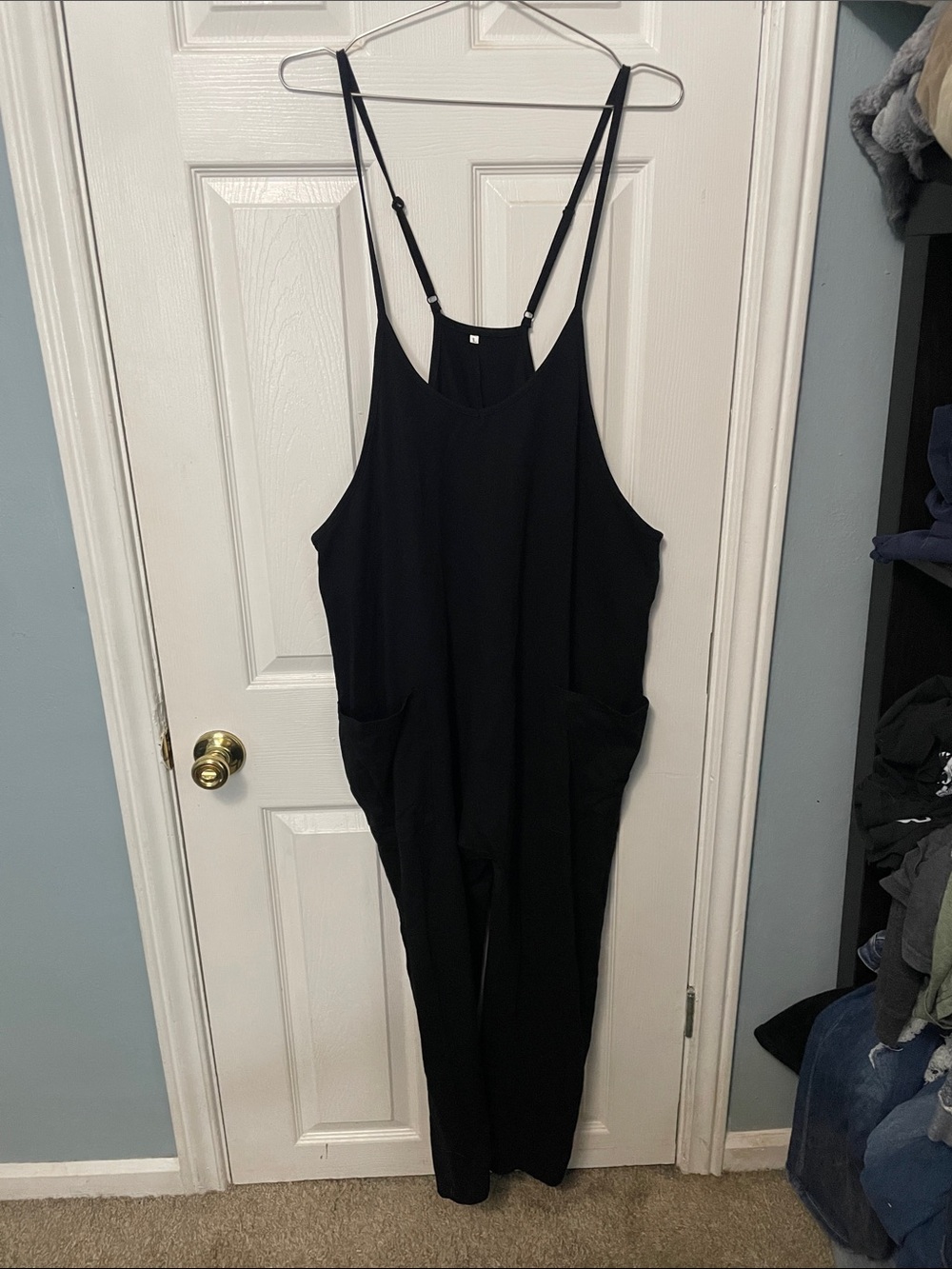 Women's Black Relaxed Jumpsuit with Adjustable Spaghetti Straps